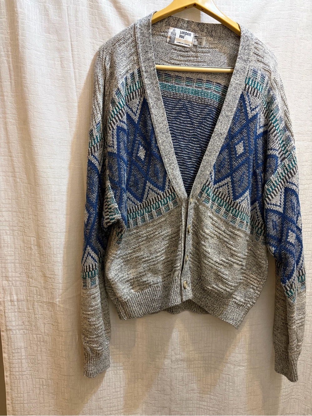 Vintage London Fog Gray Cardigan with Blue & Teal Geometric Pattern